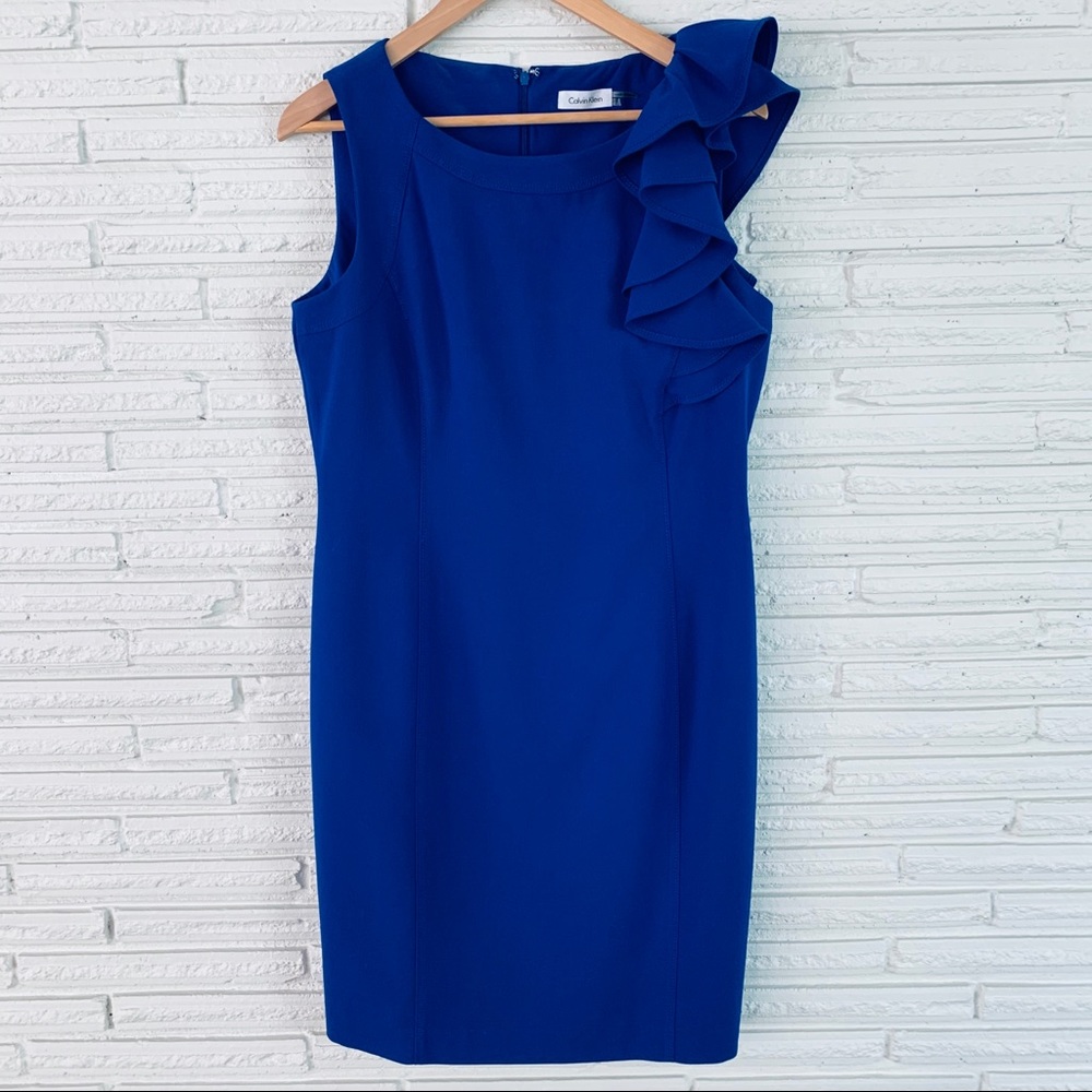 Calvin Klein Blue Ruffle Shoulder Dress